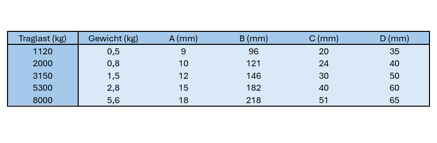 Sicherheitslasthaken Technische Daten